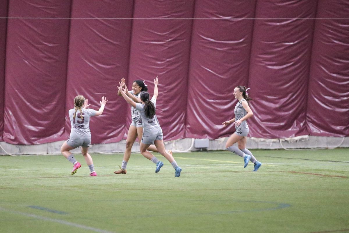 SSM girls soccer celebrate after a goal.